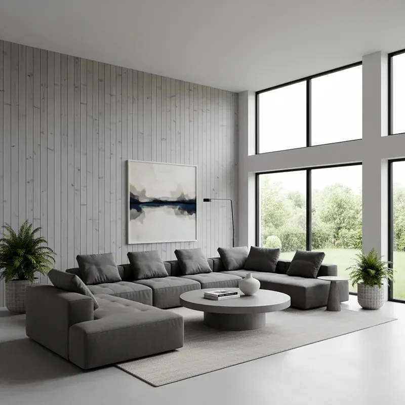 Wysoki salon z szaro lazurowaną ścianą z pionowych desek, narożna sofa i okrągły stolik