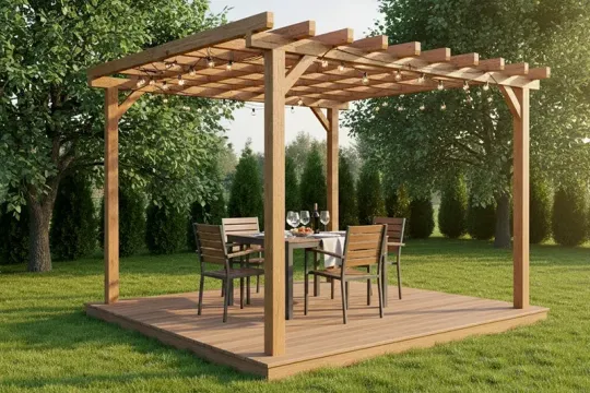 Wolnostojąca pergola z jasnego drewna na drewnianym podeście w ogrodzie, pod nią stół nakryty do kolacji