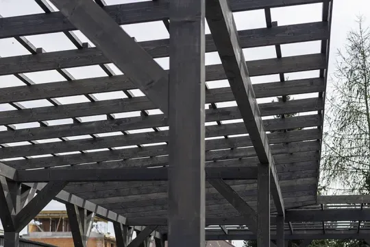 Zadaszenie o dwóch połaciach wsparte na centralnym słupie, rzędy krokwi na tle nieba
