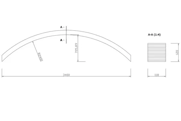 Rysunek techniczny łuku klejonego z wymiarami: rozpiętość 3400 mm, promień gięcia R2400 i przekrój 118×120 mm z warstwami lameli