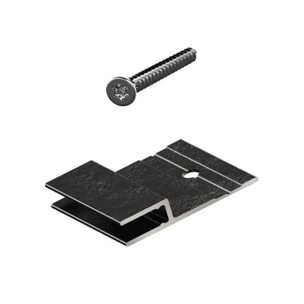 Czarny aluminiowy klips montażowy do elewacji kompozytowej wraz z wkrętem