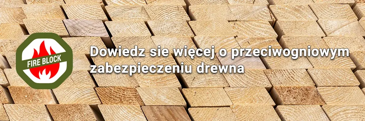 Stos struganych kantówek ułożonych ukośnie, na nim znak z płomieniem i napisem Fire Block