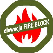 Ośmiokątna odznaka programu FIREBLOCK dla elewacji: czerwony płomień na białym tle, zielona wstęga z napisem