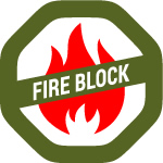 Sygnet programu FIREBLOCK: czerwony płomień w zielonym ośmiokącie przekreślonym wstęgą