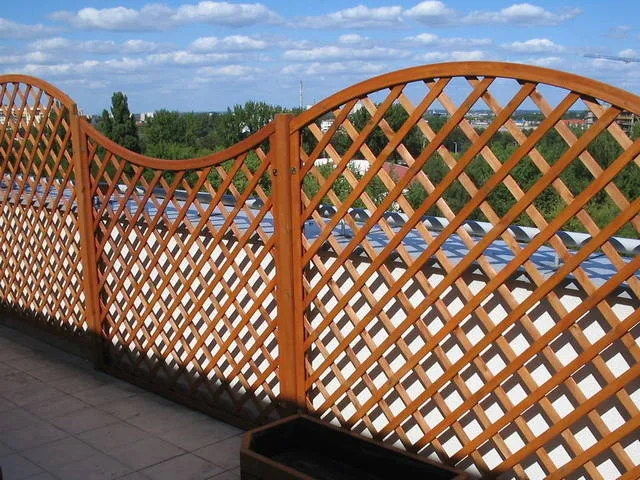 Ciąg krat łukowych, których górne krawędzie układają się w falowaną linię nad balustradą tarasu