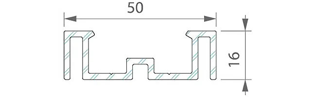 Rysunek techniczny niskiego profilu aluminiowego o szerokości 50 i wysokości 16 mm