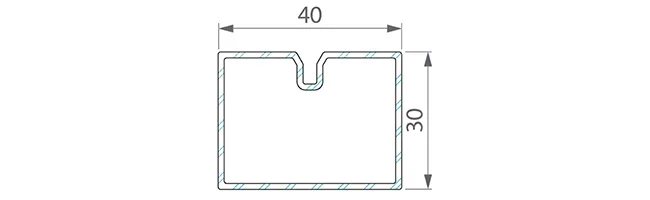 Rysunek techniczny aluminiowego profilu płaskiego o szerokości 40 i wysokości 30 mm