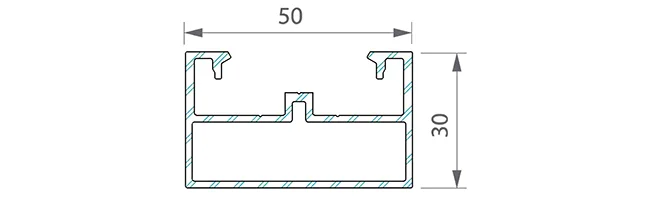 Rysunek techniczny aluminiowego profilu średniego o szerokości 50 i wysokości 30 mm