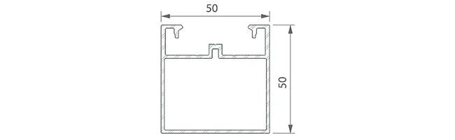 Rysunek techniczny kwadratowego profilu aluminiowego o wymiarach 50 na 50 mm