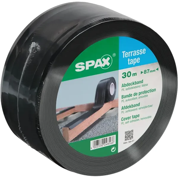 Czarna rolka taśmy ochronnej na legar tarasowy SPAX Terrasse tape, szerokość 87 mm, długość 30 m