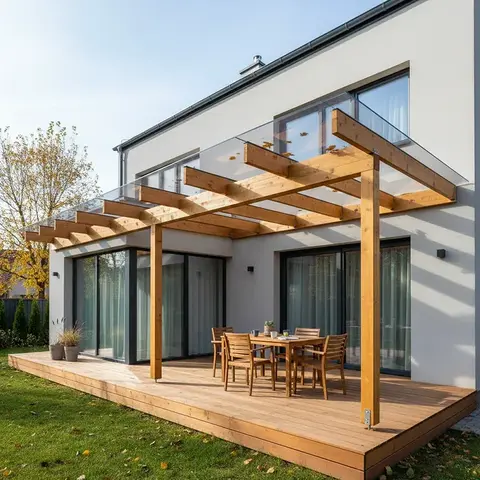 Pergola z jasnych belek przy białym domu, przykryta przezroczystymi taflami, pod nią stół z krzesłami