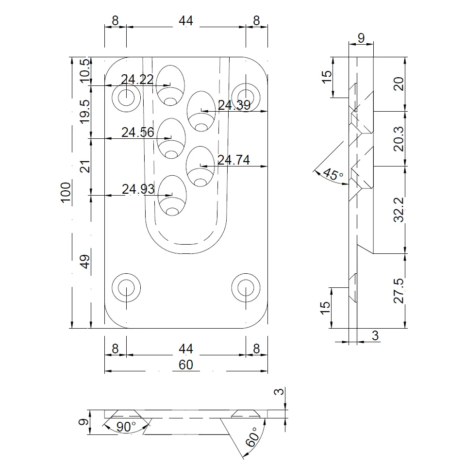 HVP 60/90x100x18 mm — wymiary części mocowanej do drewna