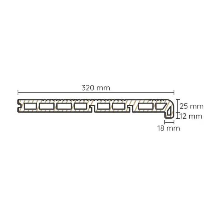 Rysunek techniczny przekroju stopnia: szerokość 320 mm, grubość 25 mm, wysunięty okap o wysokości 12 mm i głębokości 18 mm