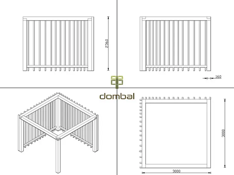 Rysunek techniczny w czterech rzutach z wymiarami: wysokość 2360 mm, przekrój belki 160 mm, rzut 3000×3000 mm